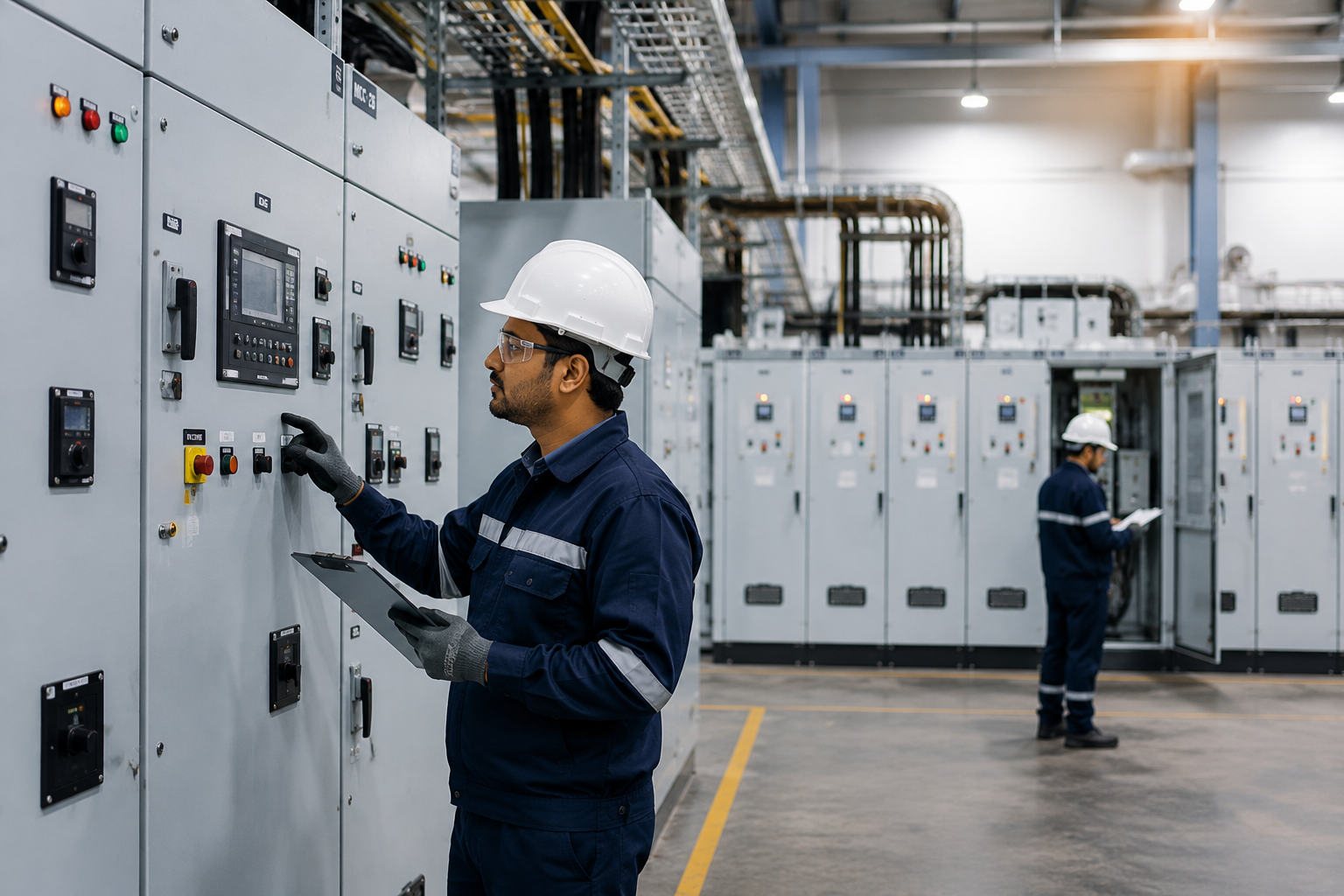 Electrical engineers reviewing technical drawings beside industrial control equipment